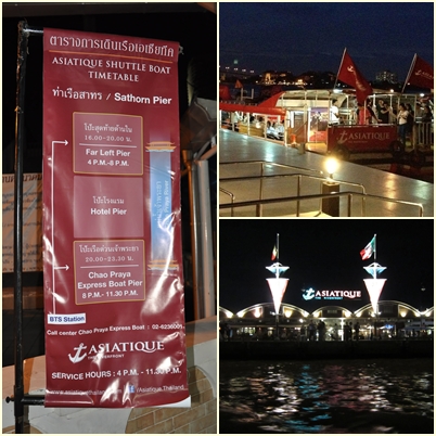 Banner Penunjuk Boat Asiatique (Kiri), Free Boat Asiatique (Kanan Atas) dan Asiatique dilihat dari Chao Phraya River (Kanan Bawah)