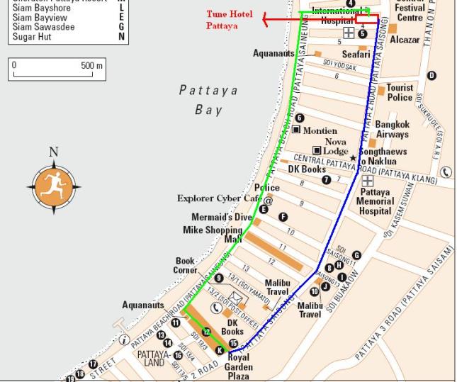 Garis Hijau adalah Rute Jalan Kaki dan Garis Biru adalah Rute naik Baht Bus (Peta : Rough Guide dengan modifikasi sendiri)