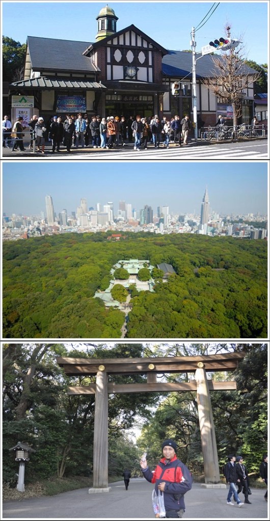 Harajuku Station (Atas), Meiji Shrine Dilihat Dari Udara (Tengah, Photo By : meijijingu.org), Torii Gate Meiji (Bawah)