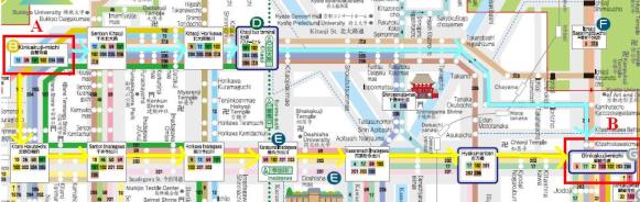 Peta Bis Dari Kinkakuji Menuju Ginkakuji. Garis Kuning Rute Bis No102, Garis Biru Bis No.204