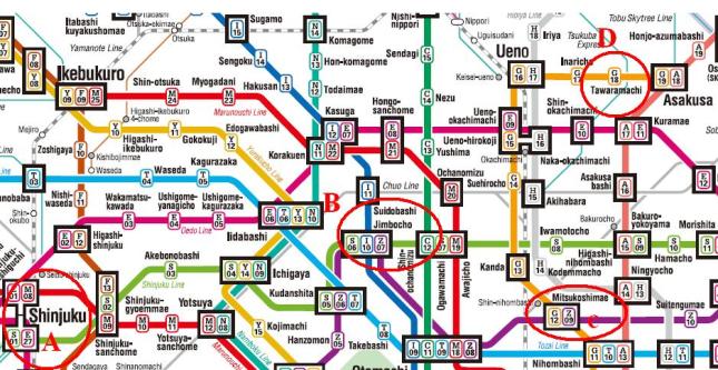 (A) Shinjuku, (B) Suidobashi Jimbocho, (C) Mitsukoshimae, (D) Tawaramachi