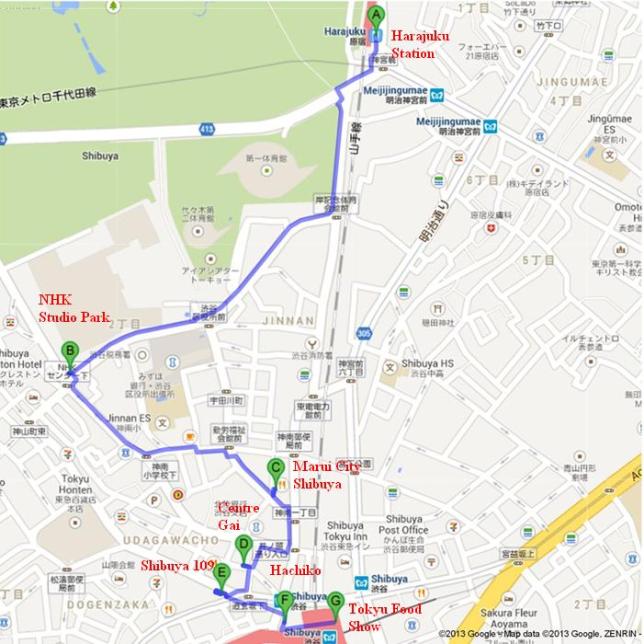 Peta Walking Tour Shibuya (Sumber : googlemap)