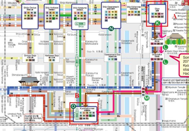 Garis Merah Muda Menunjukkan Rute Bis No. 100, Garis Coklat Menunjukkan Rute Bis No.206