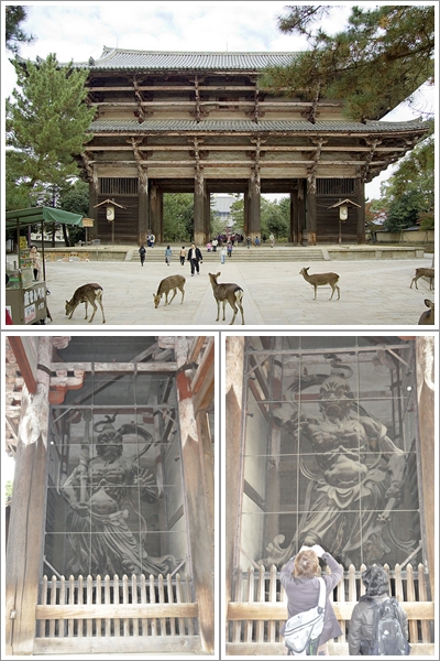 Nandaimon Gate di Todaiji dengan Dua Nionya (Atas) Misshaku Kongo (Kiri Bawah), Naraen Kongo (Kanan Bawah) 