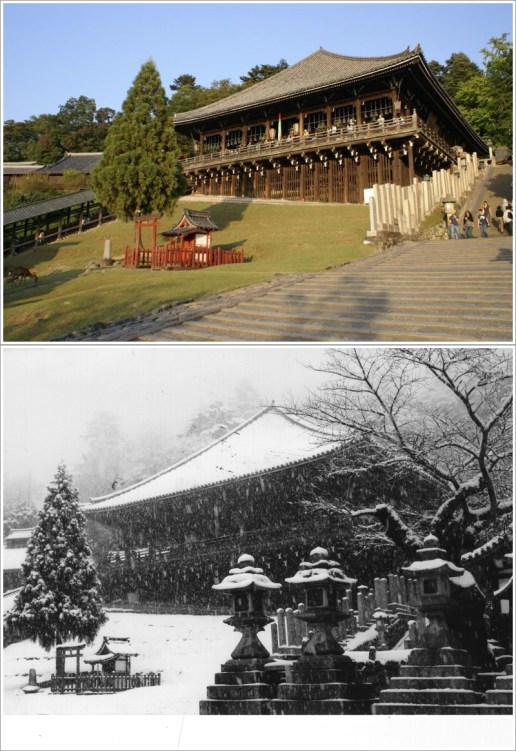 Nigatsudo Hall Saat Musim Panas (Atas) dan Musim Dingin (Bawah) 