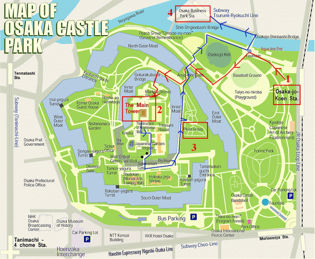 Peta Osaka Castle. Garis Merah adalah Rute Datang dan Garis Biru adalah Rute Pulang