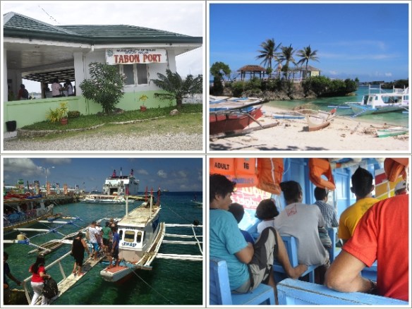Tabon Port (Kiri Atas), Tambisaan Port (Kanan Atas), Kapal Bangka Boracay (Kiri Bawah), Bagian dalam kapal (Kanan Bawah)