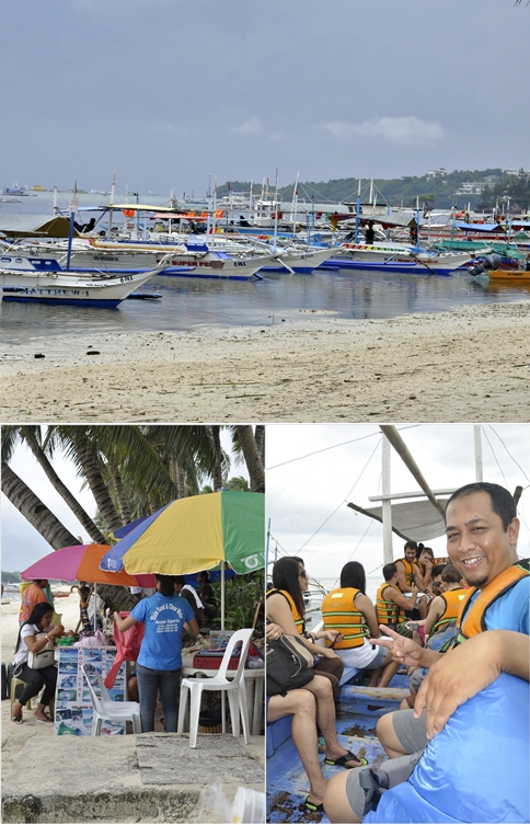 Bulabog Beach (atas), Penyedia Jasa Tur di Bulabog (Kiri Bawah), Kapal Pengangkut Island Hopping (Kanan Bawah)