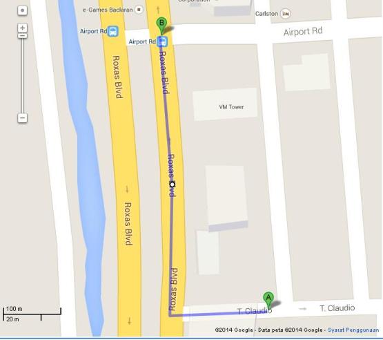 Peta Jalan Kaki dari Manila International Youth Hostel (A) ke Pangkalan Jeepney Menuju MOA (B)