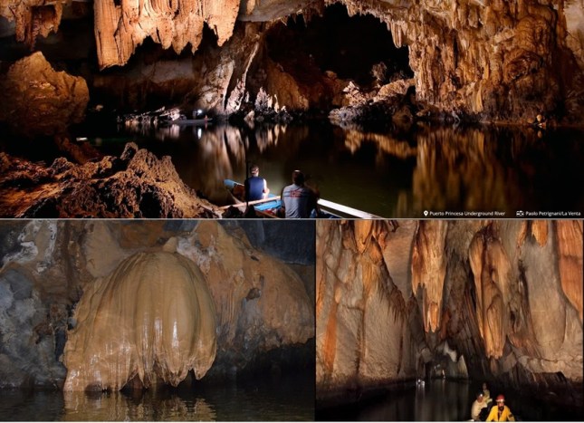 Beberapa bentuk stalaktit dan stalagmit dalam gua (foto koleksi pribadi dan website www.itsmorefuninthephilippines.com)