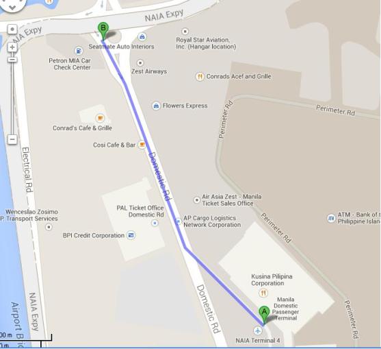 Peta jalan kaki dari NAIA terminal 4 ke tempat lintasan jepney menuju EDSA