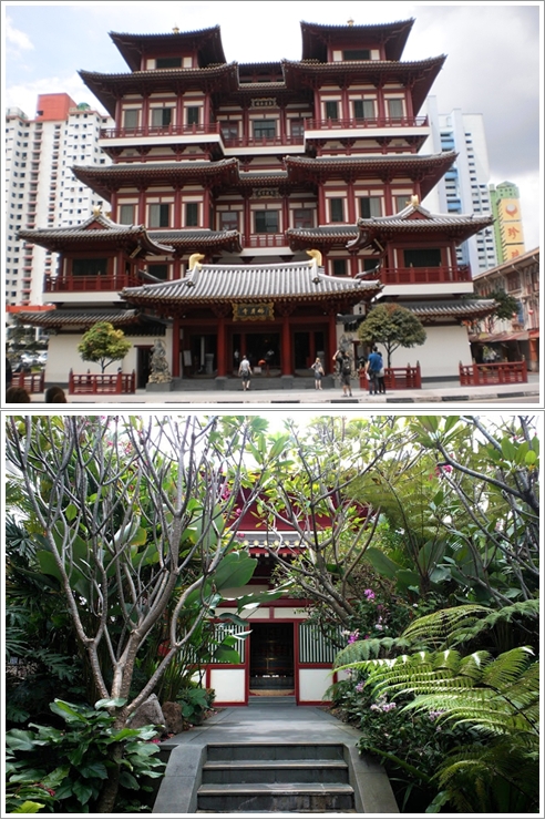Bagian Depan Buddha Tooth Relic Temple (atas) dan taman di rooftopnya (bawah)