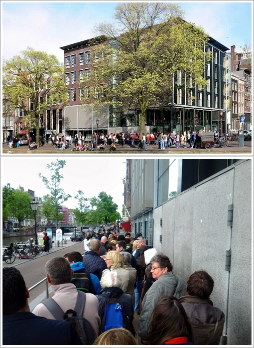 Bagian depan Anne Frank Museum dan antrian pengunjungnya