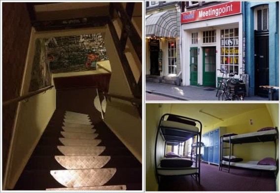 Tangga menuju ke kamar (Kiri), Bagian depan hotel (kanan atas), kamar dormitory ber 8 (kanan bawah)