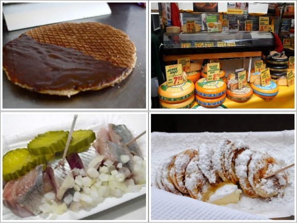 Stroopwafles (kiri atas), macam-macam keju (kanan atas), herrings (kiri bawah) dan porfejes (kanan bawah)