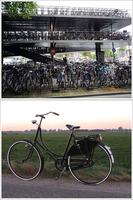 Tempat Parkir Sepeda (Fietsflat) dekat Amsterdam Centraal (atas), Omafiets (bawah)