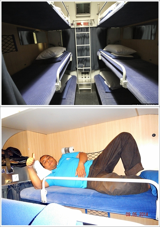 CNL Couchette ber 6 (atas) dan suasana tempat tidur teratas (bawah)