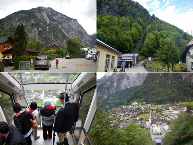 Jalan menuju Saltzwelten (kiri atas), Jalur Panorama Funicular (kanan atas), Di dalam Funicular (kiri bawah), Pemandangan dalam dari Funicular (kanan bawah)