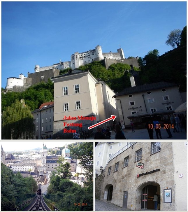 Jalan menuju Festungbahn (atas), stasiun Festungbahn (kanan), pemandangan dari Funicular Railway (kiri)