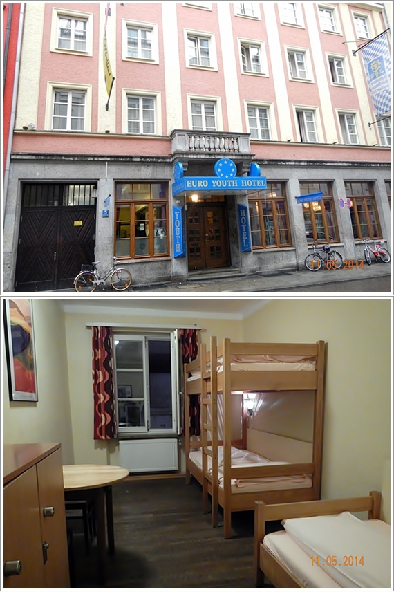 Bagian depan Euro Youth Hostel (atas) dan kamar kami (bawah) 