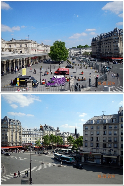 Pemandangan dari jendela hotel. Bangunan di pojok kiri atas adalah stasiun Gare de l'east. Sedangkan yang bawah halte bis dan metro di depan hotel