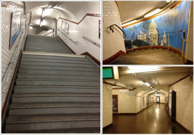 Lorong-lorong dan tangga-tangga dalam stasiun Metro Paris